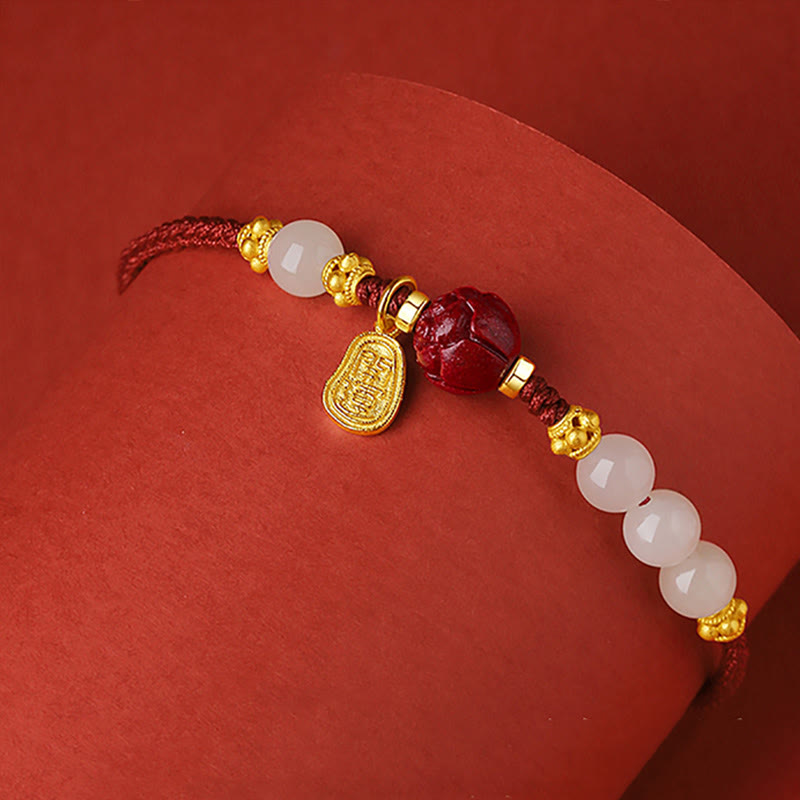 Fortune Jewel Fu Character Jade Cinnabar 24K Gold Plated Luck Red String Bracelet