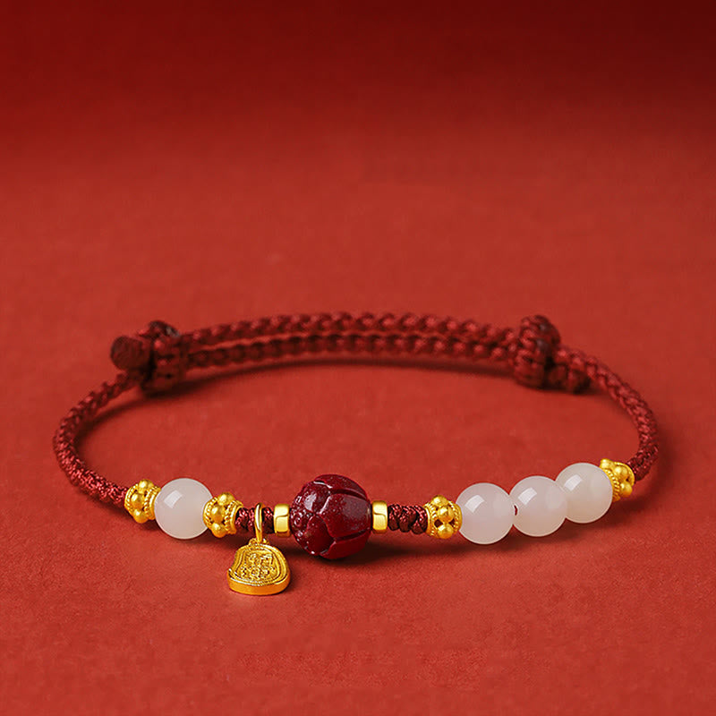 Fortune Jewel Fu Character Jade Cinnabar 24K Gold Plated Luck Red String Bracelet