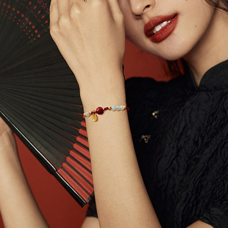 Fortune Jewel Fu Character Jade Cinnabar 24K Gold Plated Luck Red String Bracelet