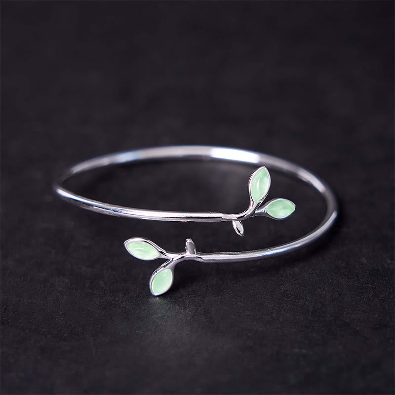 Fortune Jewel Leaf Pattern Cat Eye Support Cuff Bracelet Bangle