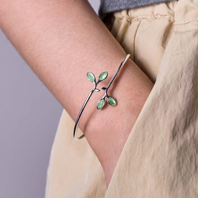 Fortune Jewel Leaf Pattern Cat Eye Support Cuff Bracelet Bangle