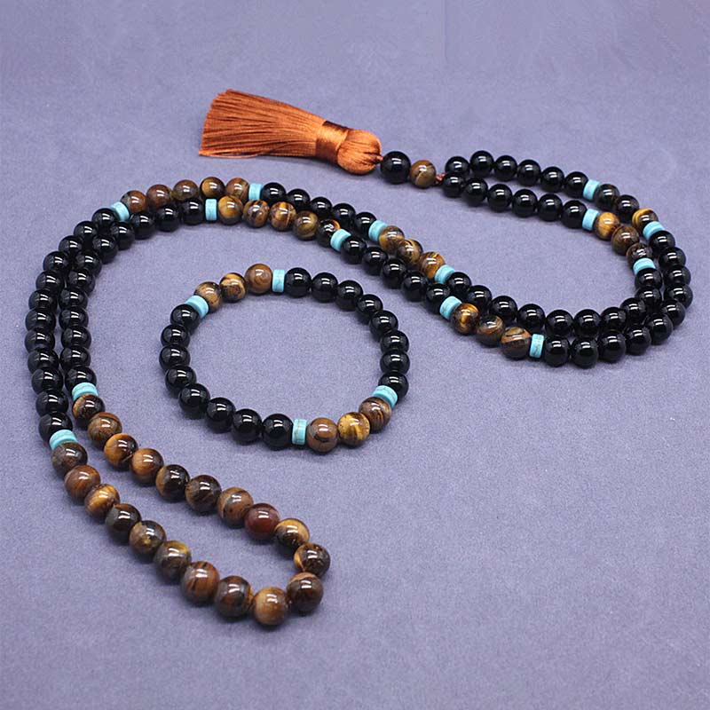Fortune Jewel Tibetan Black Onyx Peaceful Mala Set