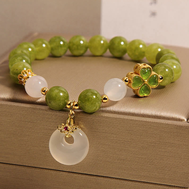 Fortune Jewel Green Tourmaline Chalcedony Four Leaf Clover Peace Buckle Charm Wisdom Bracelet
