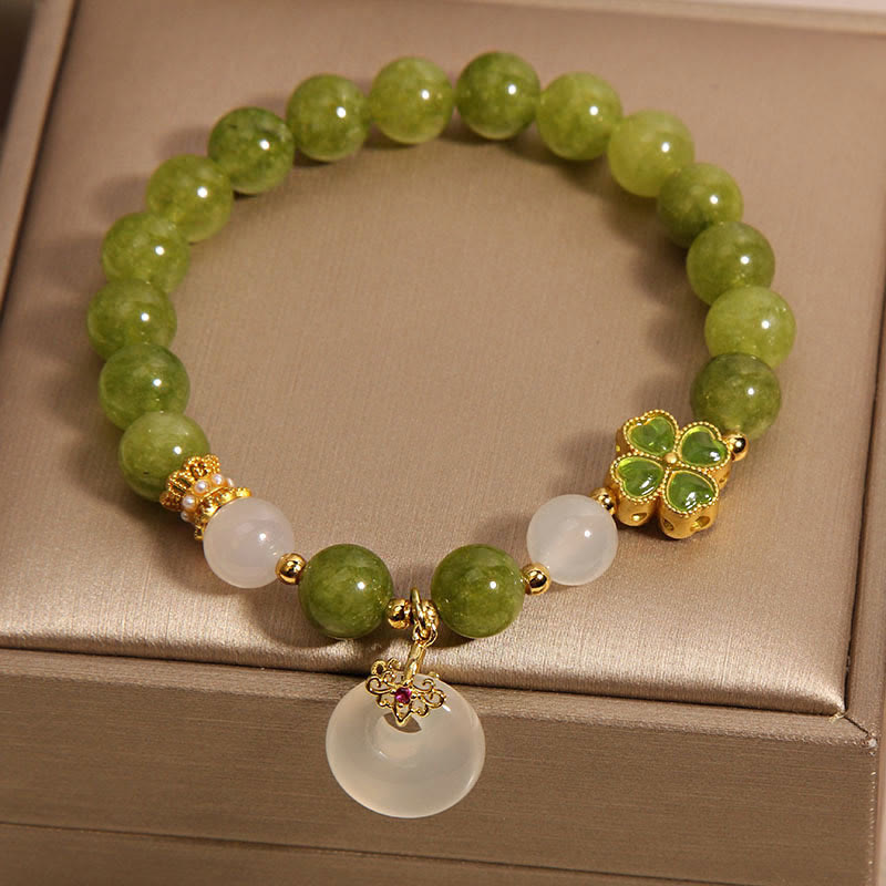 Fortune Jewel Green Tourmaline Chalcedony Four Leaf Clover Peace Buckle Charm Wisdom Bracelet