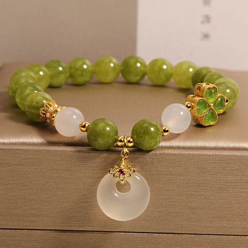 Fortune Jewel Green Tourmaline Chalcedony Four Leaf Clover Peace Buckle Charm Wisdom Bracelet