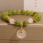 Fortune Jewel Green Tourmaline Chalcedony Four Leaf Clover Peace Buckle Charm Wisdom Bracelet