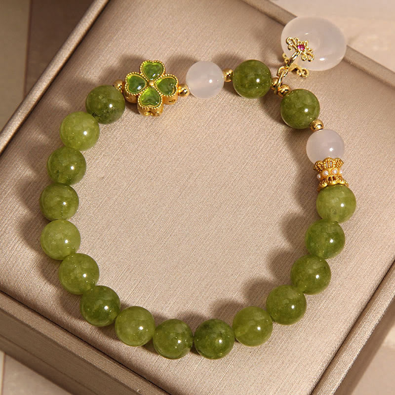 Fortune Jewel Green Tourmaline Chalcedony Four Leaf Clover Peace Buckle Charm Wisdom Bracelet