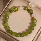 Fortune Jewel Green Tourmaline Chalcedony Four Leaf Clover Peace Buckle Charm Wisdom Bracelet