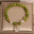 Fortune Jewel Green Tourmaline Chalcedony Four Leaf Clover Peace Buckle Charm Wisdom Bracelet