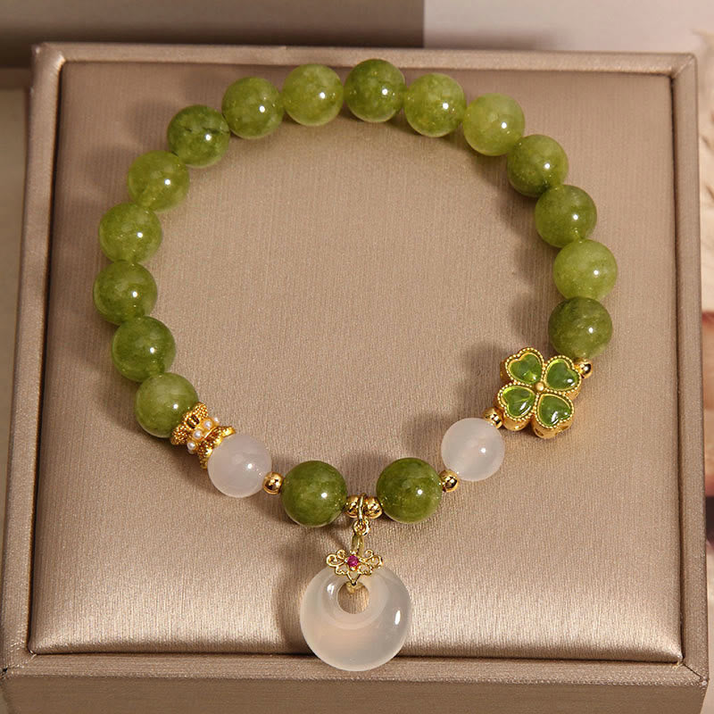 Fortune Jewel Green Tourmaline Chalcedony Four Leaf Clover Peace Buckle Charm Wisdom Bracelet