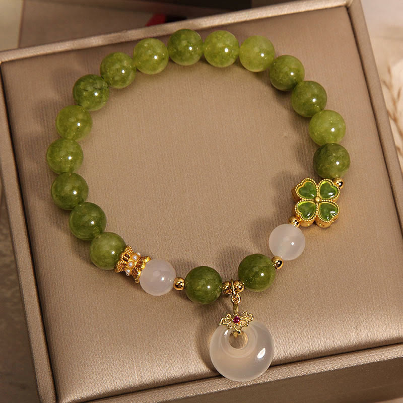 Fortune Jewel Green Tourmaline Chalcedony Four Leaf Clover Peace Buckle Charm Wisdom Bracelet