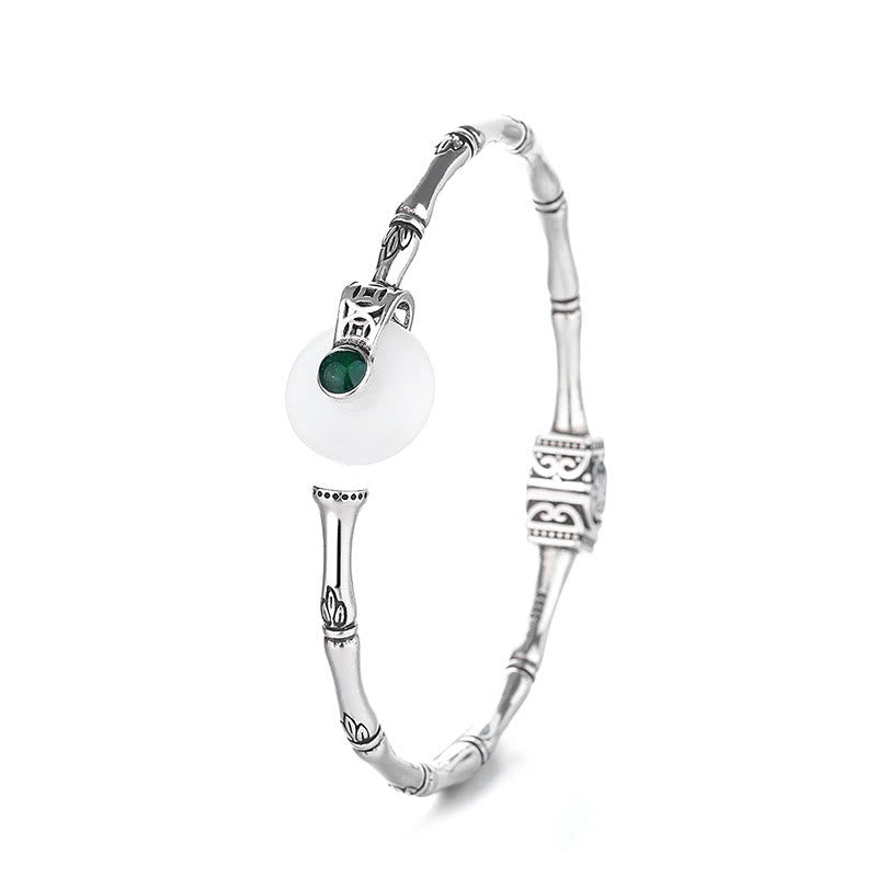 Fortune Jewel White Jade Peace Buckle Bamboo Design Luck Copper Cuff Bracelet Bangle