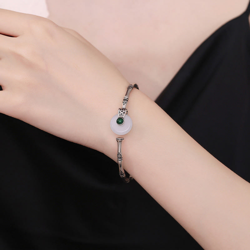 Fortune Jewel White Jade Peace Buckle Bamboo Design Luck Copper Cuff Bracelet Bangle