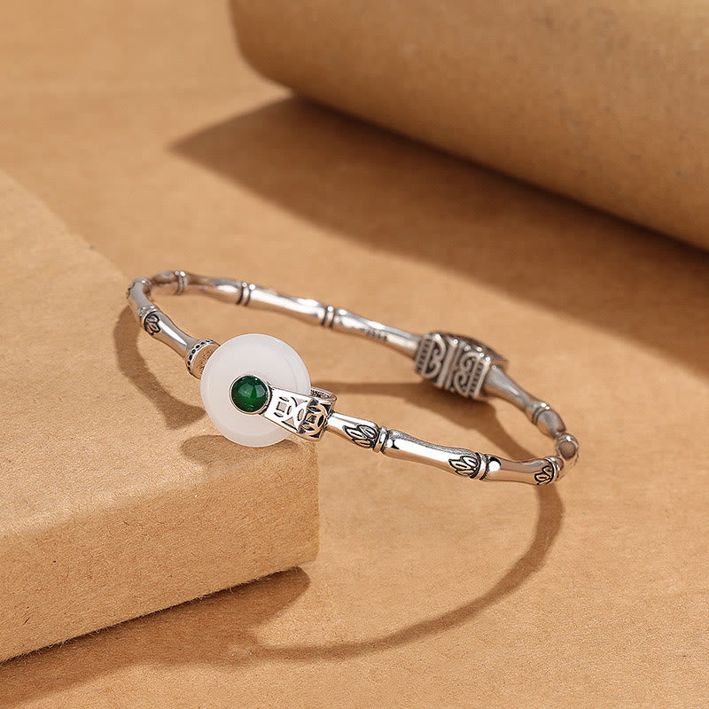 Fortune Jewel White Jade Peace Buckle Bamboo Design Luck Copper Cuff Bracelet Bangle