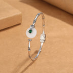 Fortune Jewel White Jade Peace Buckle Bamboo Design Luck Copper Cuff Bracelet Bangle