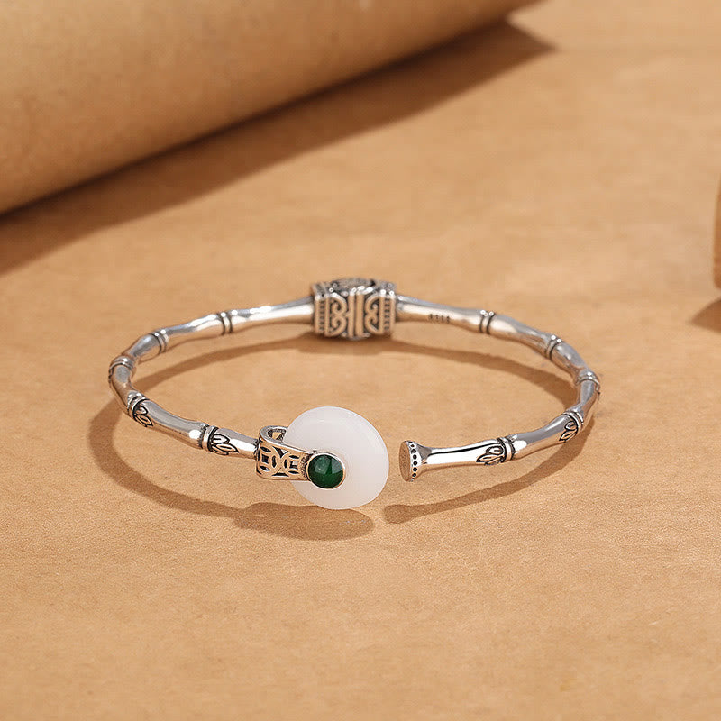 Fortune Jewel White Jade Peace Buckle Bamboo Design Luck Copper Cuff Bracelet Bangle