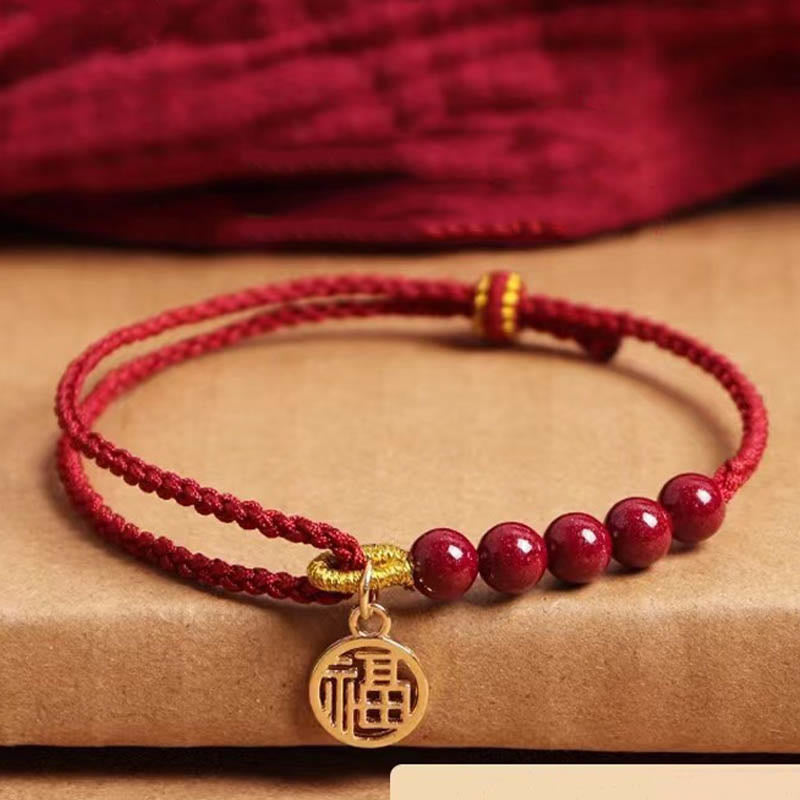 Fortune Jewel Cinnabar Fu Character Beads Blessing Red String Handmade Braided Bracelet