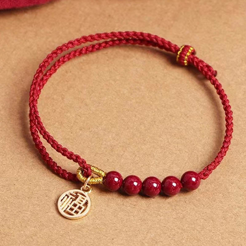 Fortune Jewel Cinnabar Fu Character Beads Blessing Red String Handmade Braided Bracelet