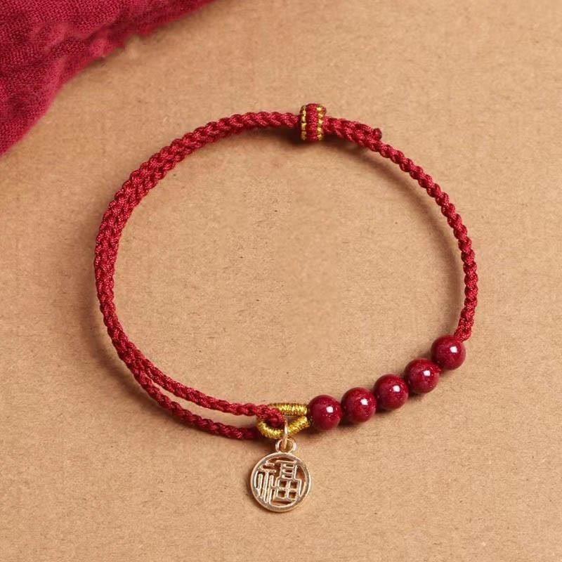 Fortune Jewel Cinnabar Fu Character Beads Blessing Red String Handmade Braided Bracelet