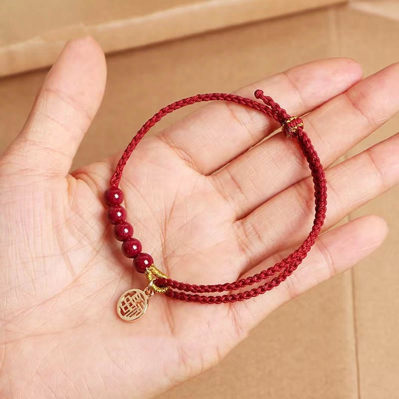 Fortune Jewel Cinnabar Fu Character Beads Blessing Red String Handmade Braided Bracelet