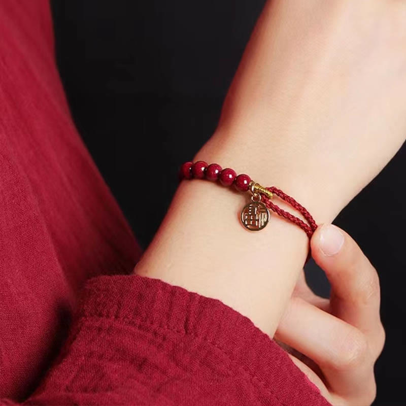 Fortune Jewel Cinnabar Fu Character Beads Blessing Red String Handmade Braided Bracelet