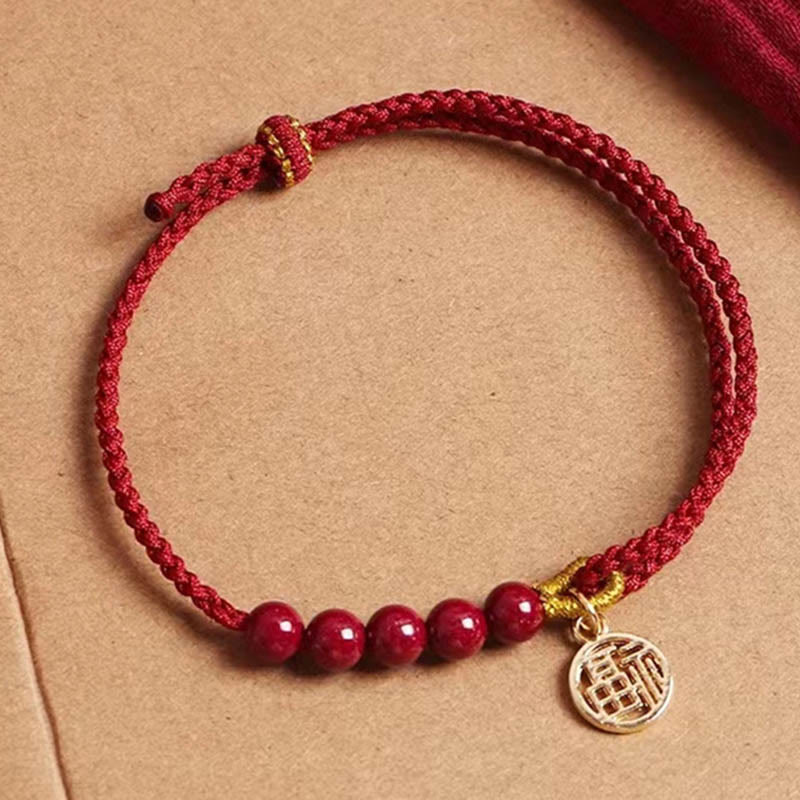 Fortune Jewel Cinnabar Fu Character Beads Blessing Red String Handmade Braided Bracelet