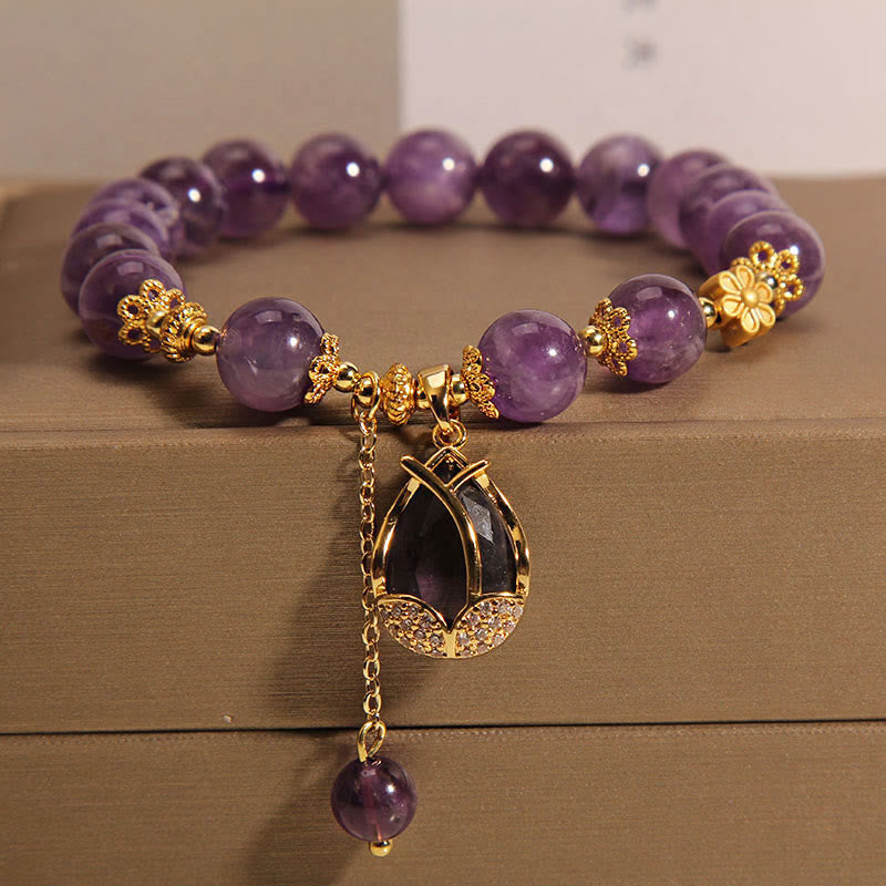 Fortune Jewel Amethyst Lily Charm Balance Healing Bracelet