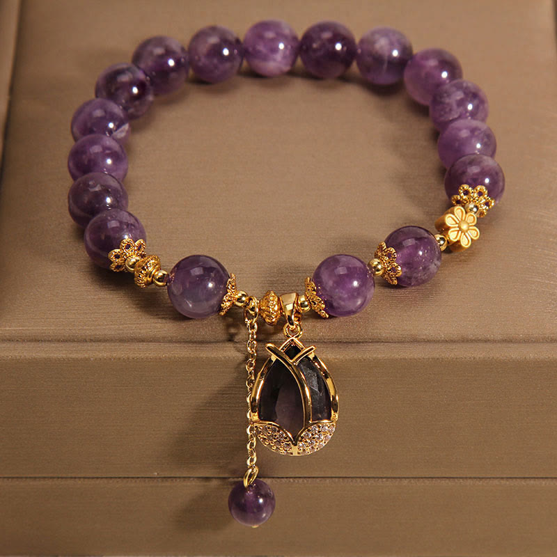 Fortune Jewel Amethyst Lily Charm Balance Healing Bracelet
