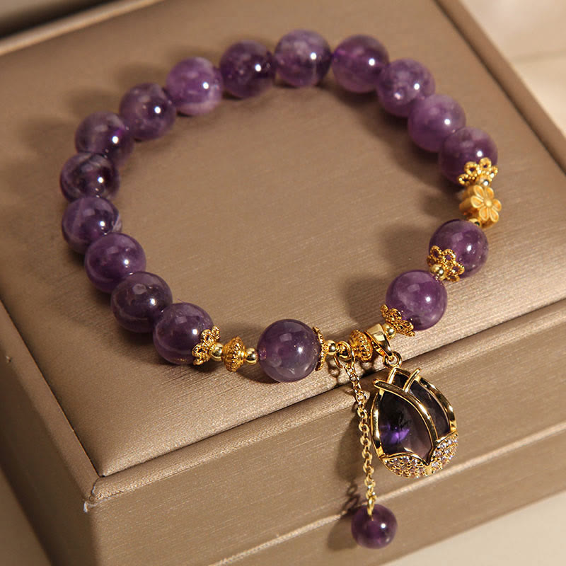 Fortune Jewel Amethyst Lily Charm Balance Healing Bracelet