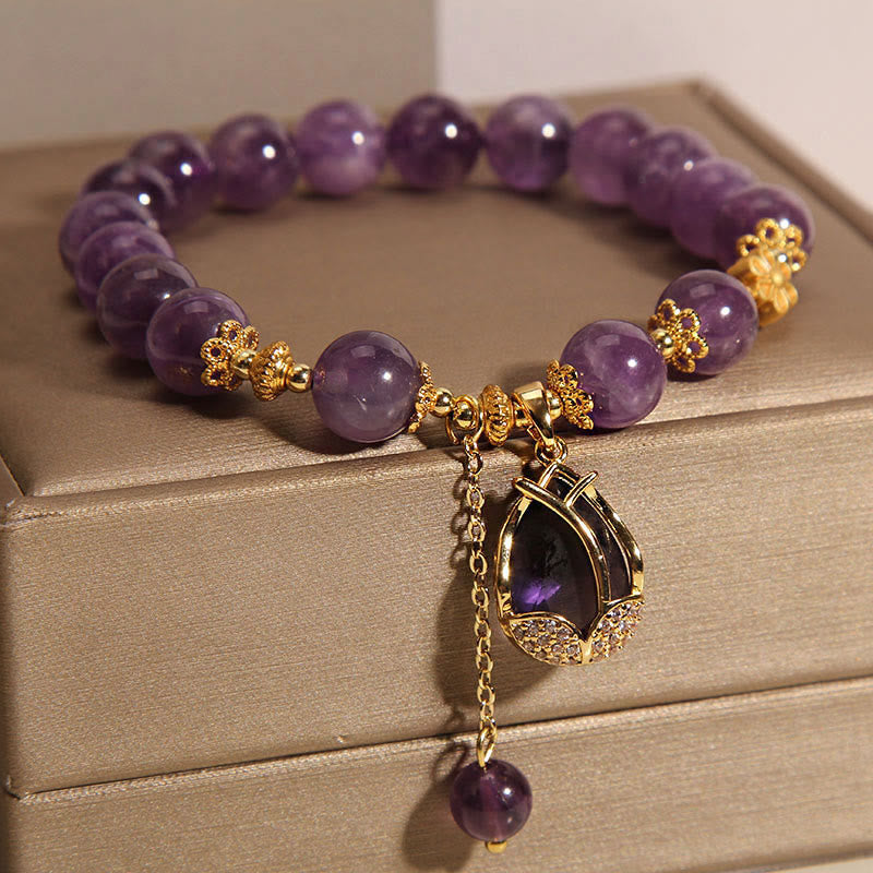 Fortune Jewel Amethyst Lily Charm Balance Healing Bracelet