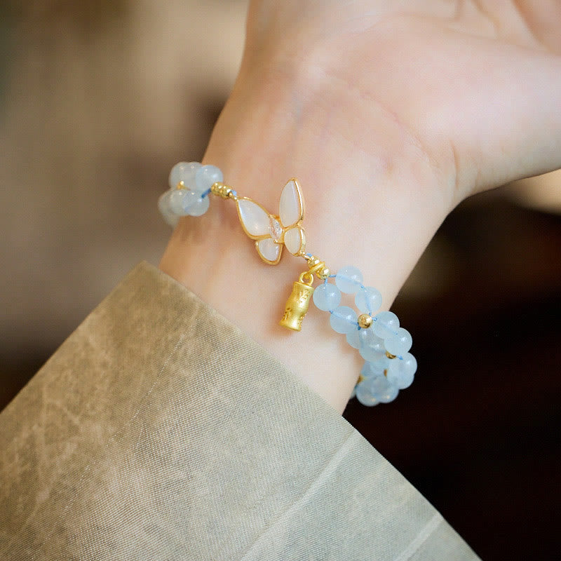 Fortune Jewel Natural Aquamarine Amethyst Moonstone Butterfly Bamboo Healing Bracelet
