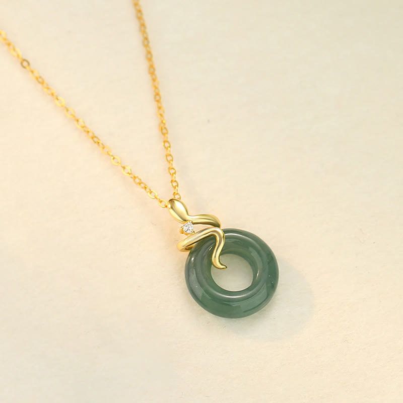 Fortune Jewel 925 Sterling Silver 18K Gold Jade Peace Buckle Spirit Snake Peace Necklace Pendant - Fortune Jewel