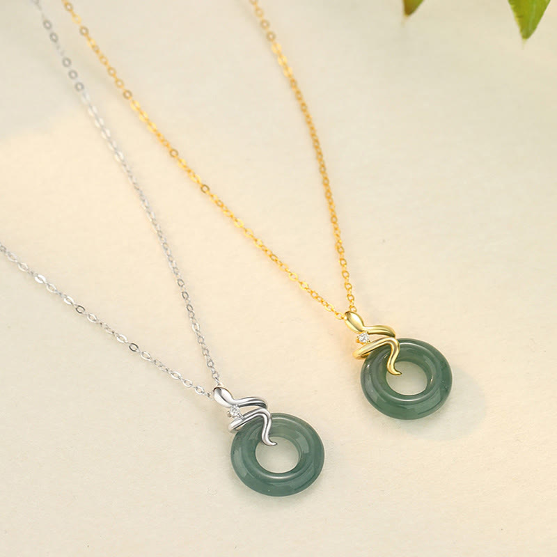 Fortune Jewel 925 Sterling Silver 18K Gold Jade Peace Buckle Spirit Snake Peace Necklace Pendant - Fortune Jewel
