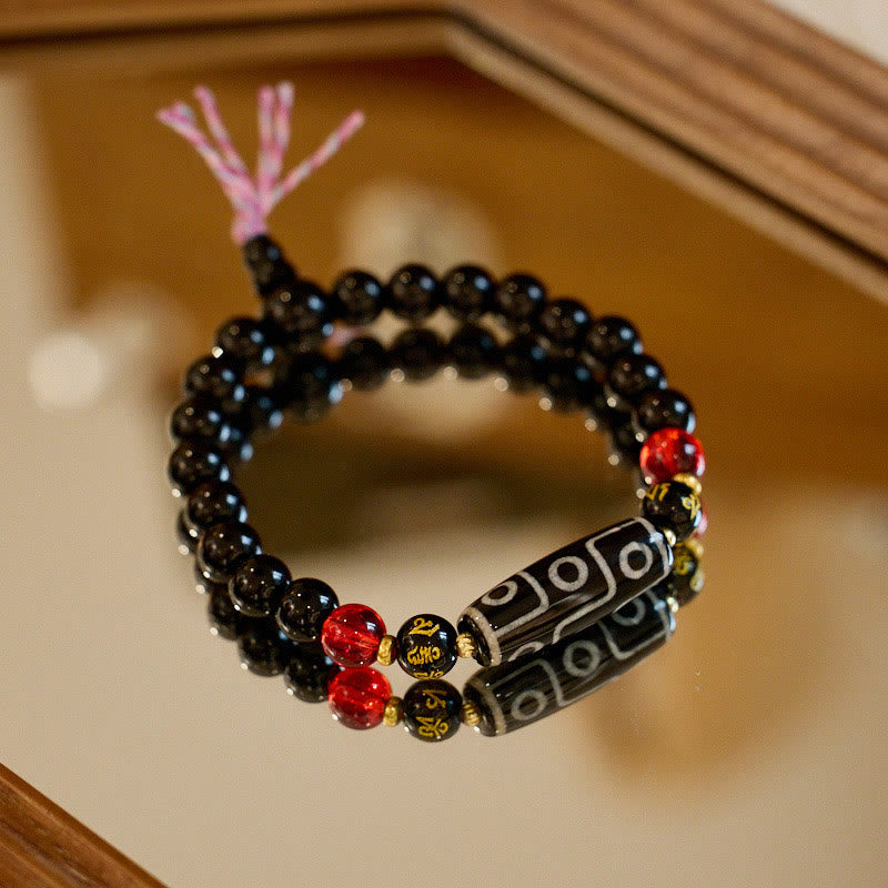 Fortune Jewel Tibetan Nine-eye Dzi Bead Black Onyx Six True Words Wealth Protection Bracelet