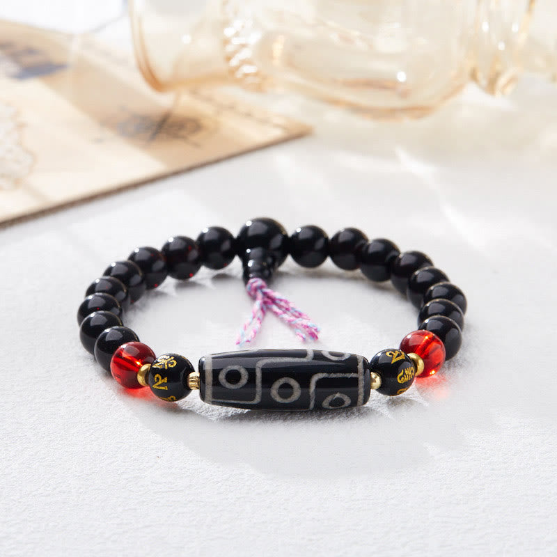 Fortune Jewel Tibetan Nine-eye Dzi Bead Black Onyx Six True Words Wealth Protection Bracelet