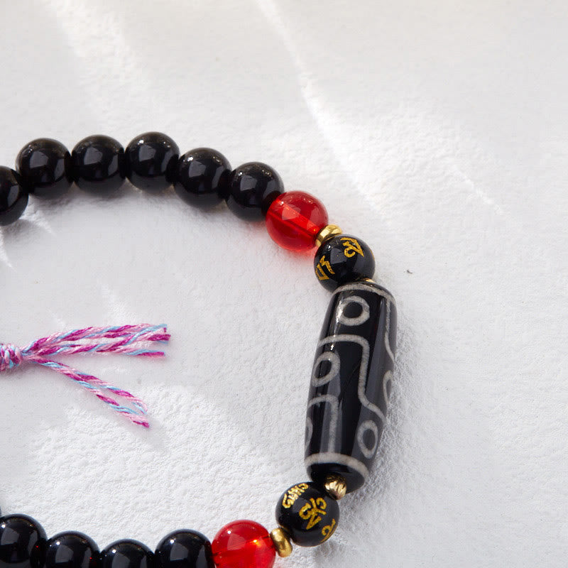 Fortune Jewel Tibetan Nine-eye Dzi Bead Black Onyx Six True Words Wealth Protection Bracelet