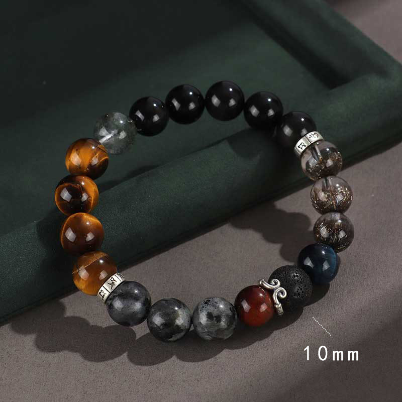 Fortune Jewel 925 Sterling Silver Black Onyx Gold Sheen Obsidian Lava Rock Tiger Eye Six True Words Wealth Protection Bracelet