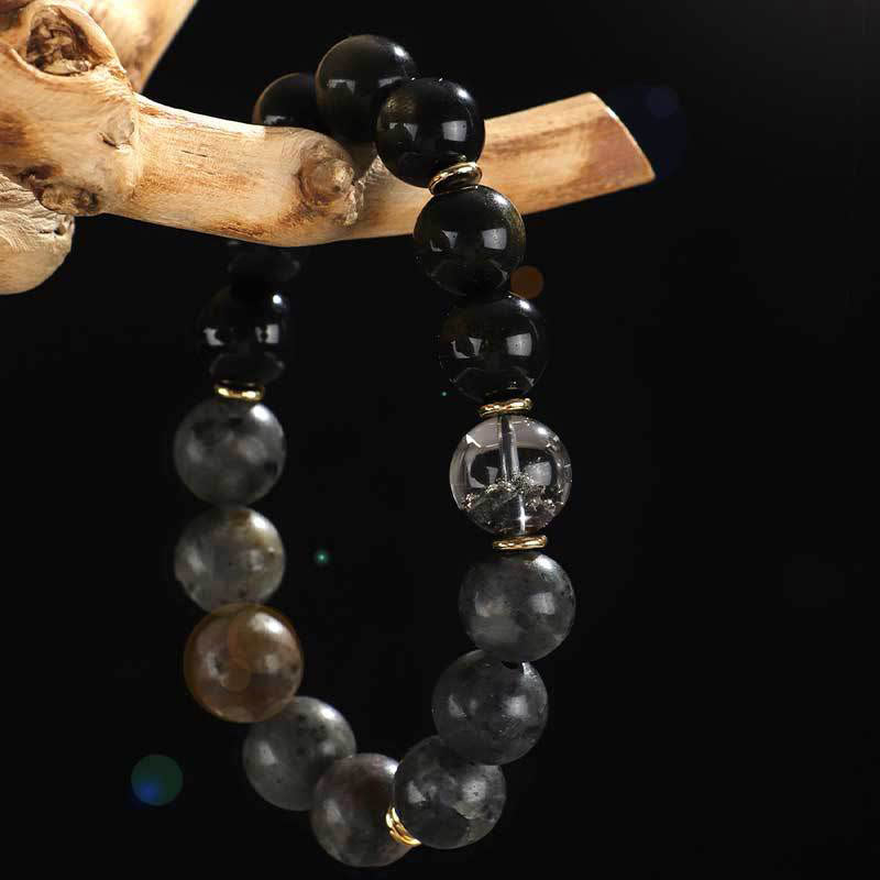Fortune Jewel 925 Sterling Silver Black Onyx Gold Sheen Obsidian Lava Rock Tiger Eye Six True Words Wealth Protection Bracelet