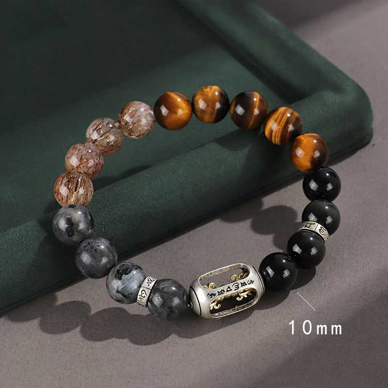 Fortune Jewel 925 Sterling Silver Black Onyx Gold Sheen Obsidian Lava Rock Tiger Eye Six True Words Wealth Protection Bracelet