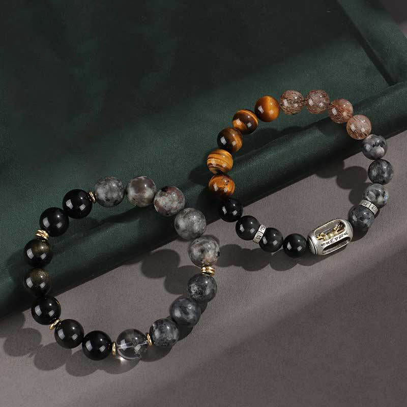 Fortune Jewel 925 Sterling Silver Black Onyx Gold Sheen Obsidian Lava Rock Tiger Eye Six True Words Wealth Protection Bracelet