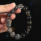 Fortune Jewel 925 Sterling Silver Black Onyx Gold Sheen Obsidian Lava Rock Tiger Eye Six True Words Wealth Protection Bracelet