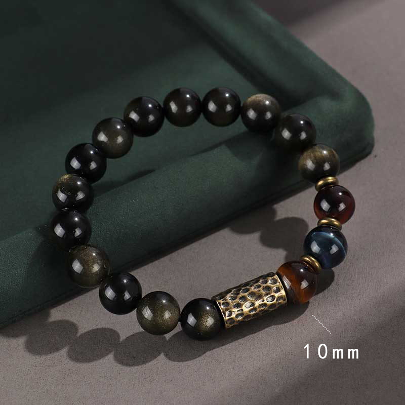 Fortune Jewel 925 Sterling Silver Black Onyx Gold Sheen Obsidian Lava Rock Tiger Eye Six True Words Wealth Protection Bracelet