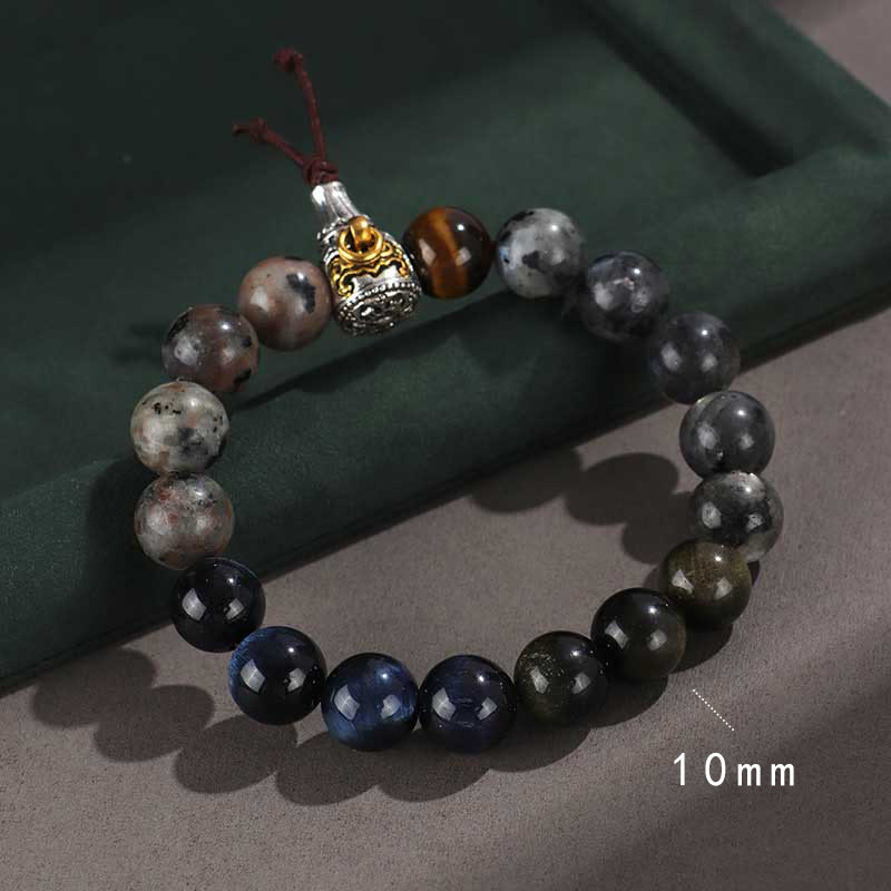 Fortune Jewel 925 Sterling Silver Black Onyx Gold Sheen Obsidian Lava Rock Tiger Eye Six True Words Wealth Protection Bracelet