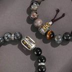 Fortune Jewel 925 Sterling Silver Black Onyx Gold Sheen Obsidian Lava Rock Tiger Eye Six True Words Wealth Protection Bracelet