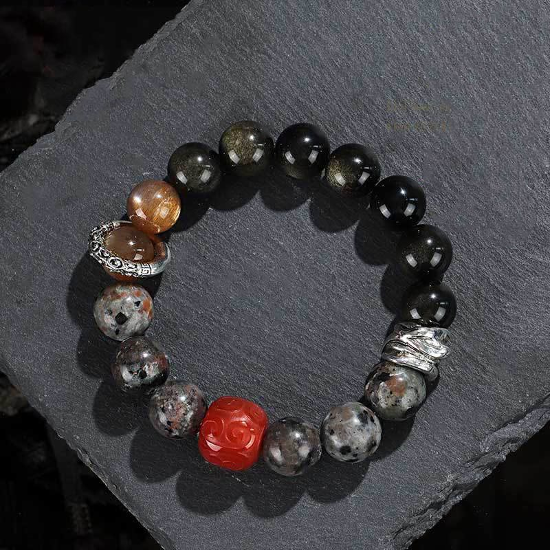 Fortune Jewel Gold Sheen Obsidian Lava Rock Red Agate Protection Bracelet