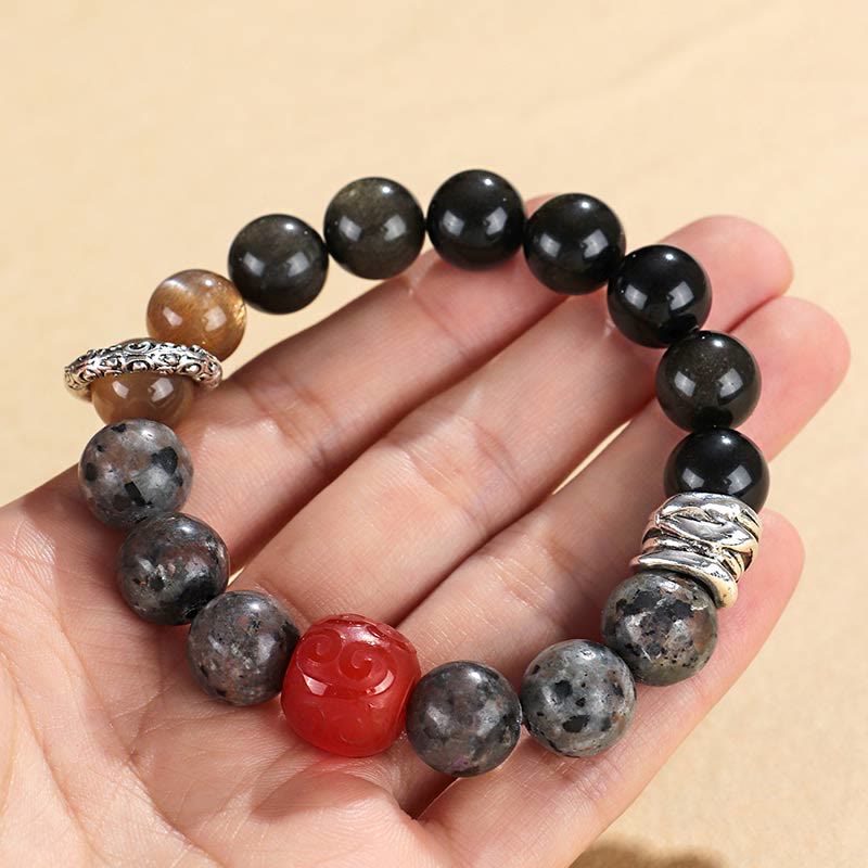 Fortune Jewel Gold Sheen Obsidian Lava Rock Red Agate Protection Bracelet