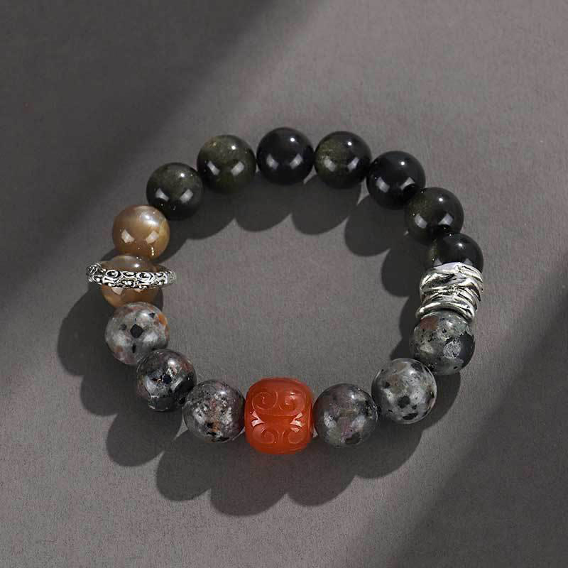 Fortune Jewel Gold Sheen Obsidian Lava Rock Red Agate Protection Bracelet