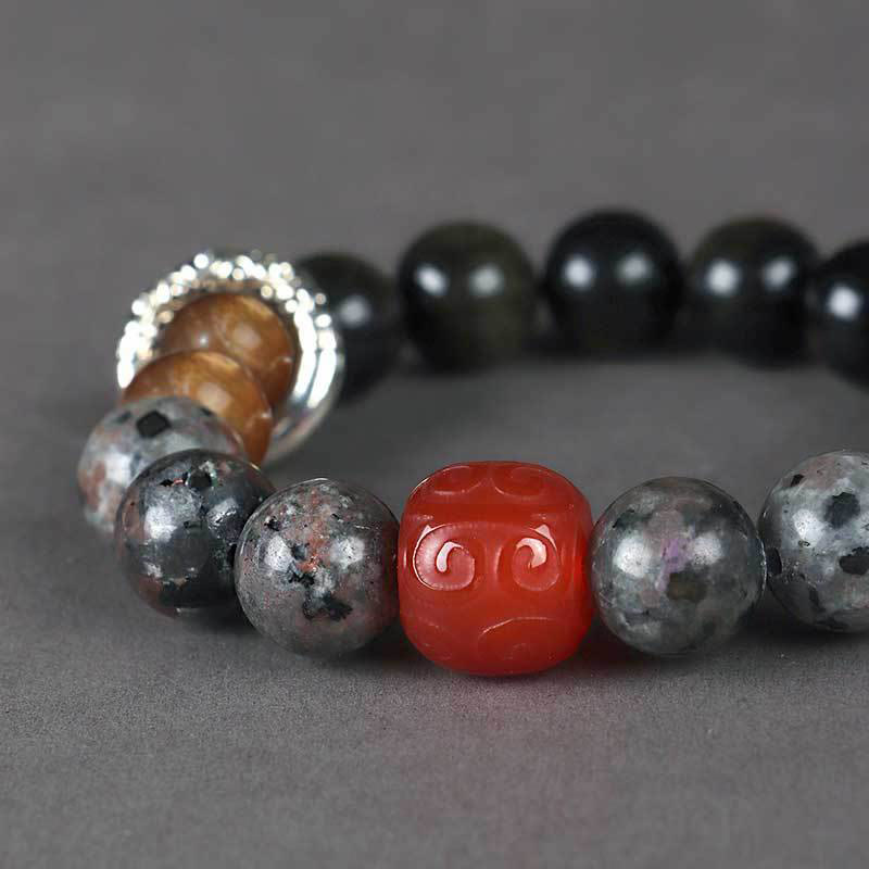 Fortune Jewel Gold Sheen Obsidian Lava Rock Red Agate Protection Bracelet