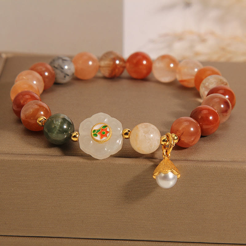 Fortune Jewel Natural Fu Lu Shou Crystal Hetian White Jade Pearl Luck Bracelet