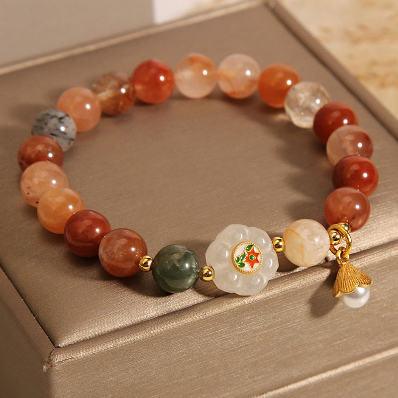 Fortune Jewel Natural Fu Lu Shou Crystal Hetian White Jade Pearl Luck Bracelet